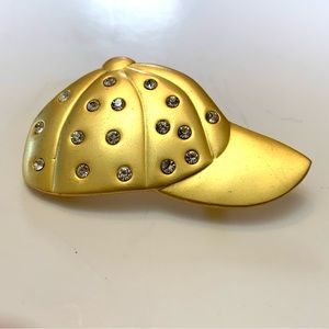 Vintage Park Lane Baseball Cap Hat Brooch Gold Tone with Clear Rhinestones